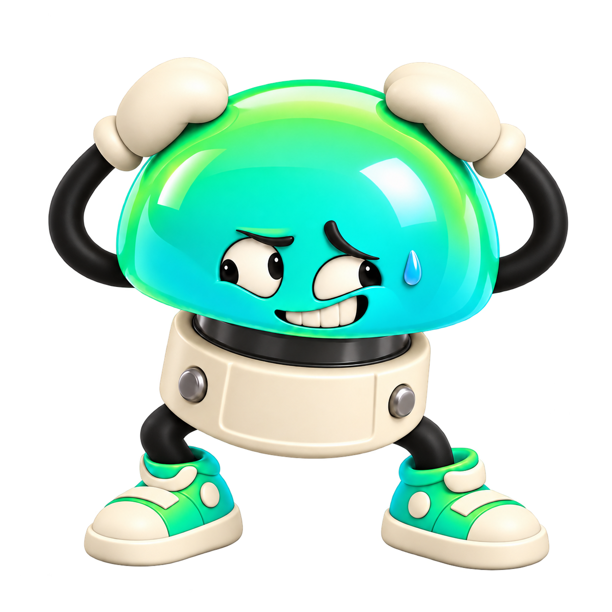 Oopsie, an original green emergency-button mascot trying not to be pressed